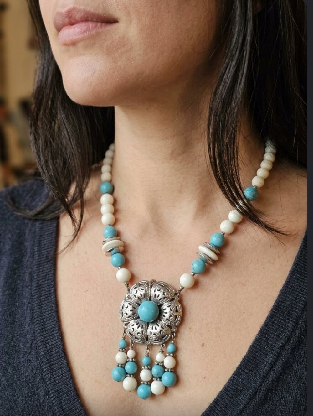 Vintage Faux Turquoise & White Beaded Floral Pendant Statement Necklace -